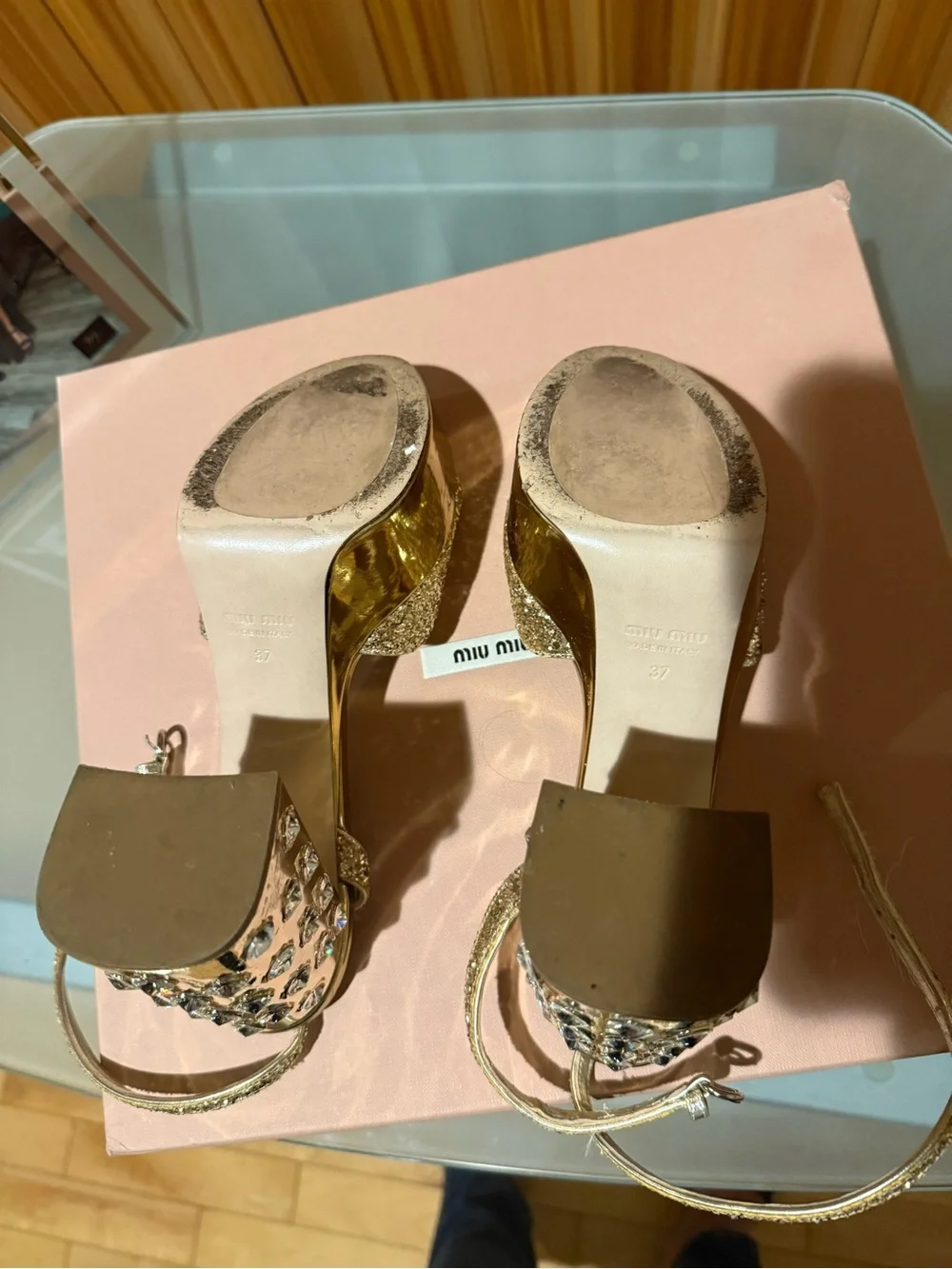 Miu Miu Gold Glitter Platform Ankle-Strap Sandals